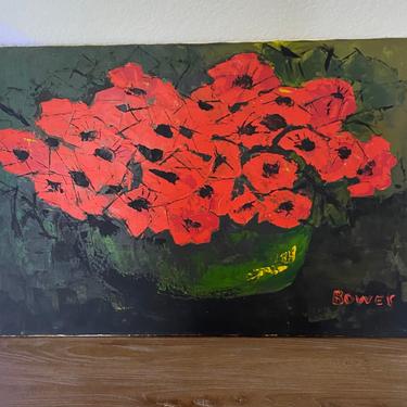 Modern Art Red Poppy Painting signed Bower 