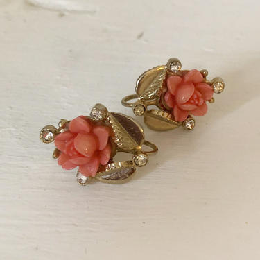 Vintage Small Gold-Toned and Pink Rose/Floral Screwback Earrings - 1960s 