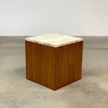 Mid Century Walnut + Travertine Cube Side Table 