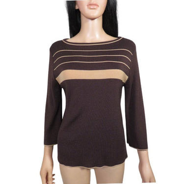 Vintage 70s/80s Brown Striped Knit Bell Sleeve Boat Neck Top Size L 