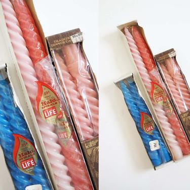 Vintage 70s New In Box Taper Spiral Candles Pink Red Blue - Lot of 3 Unused Vintage Tall Candles - Boho Dinner Party Decor - Various Heights 