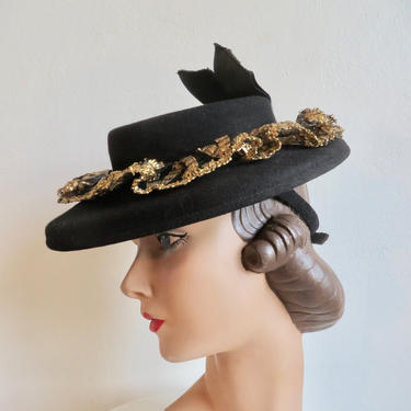 Vintage 1940's Black Felt Tilt Platter Hat Downturned Brim Gold Raffia Ribbon Trim Veil WW2 Era Rockabilly 40's Millinery 