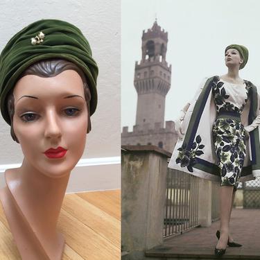 Florence By Day - Vintage 1950s 1960s Fern Olive Green Rayon Velvet Turban Hat 