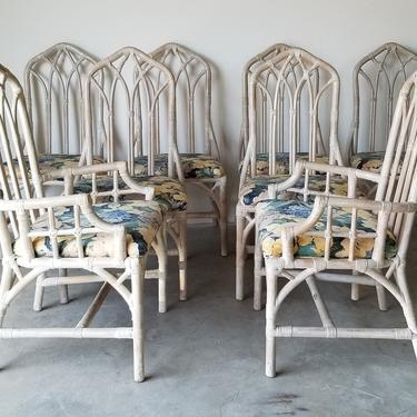 Palm Beach Style Henry Link Cathedral Back Chippendale Rattan Dining Chairs - Set of 8 