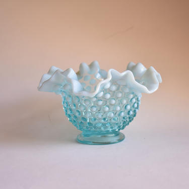 Vintage Fenton Blue Opalescent Hobnail Double Crimped Condiment Bowl | Small Floral Vase | Bonbon Candy Dish | Wedding Something Blue Decor 