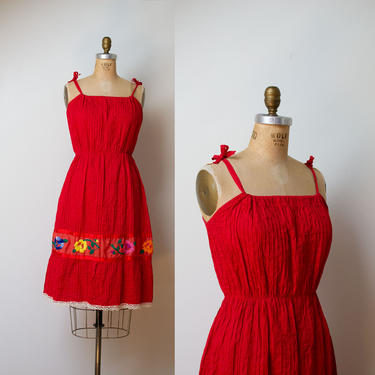 1970s Mexican Pintuck Embroidered Sundress / 70s Red Cotton Dress 