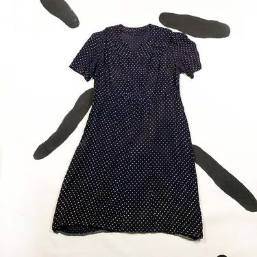 1930s Cold Rayon Navy Blue Circle and Square Dot Dress / Day Dress / XXL / Plus Size / Pintucked / Size 18 / 40s / 40 Waist / Size 20 / 