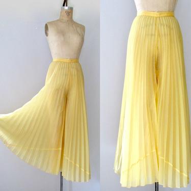 SHEER MAGIC Vintage 70s Palazzo Pants | 1970s Yellow Gold Pleated Organza | High Waist Wide Leg | 60s 1960s Boho Lounge Glam | Size Small 