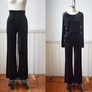 Vintage 1990s Black Velvet Wide Leg Pants Set | S | 90s High Elastic Waist Crushed Velvet Pants with Relaxed Fit Tunic Top 