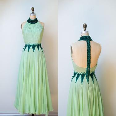 1960s Green Chiffon Gown / 60s Harlequin T-Strap Back Beaded Dress 