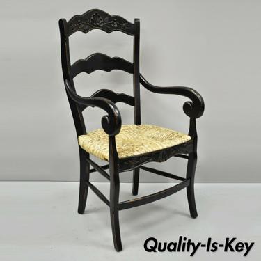 French Country Style Shell Carved Ladder Back Seat Black Dining Arm Chair