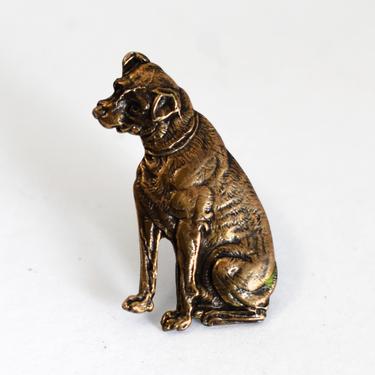 60's RCA Victor brass Nipper whimsical fox terrier lapel pin, detailed bronze His Master's Voice novelty dog tie tack 
