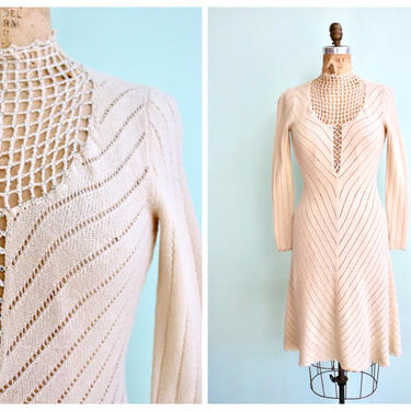 Vintage 1970's Ivory Knit Rhinestone Cage Dress | Size Small 