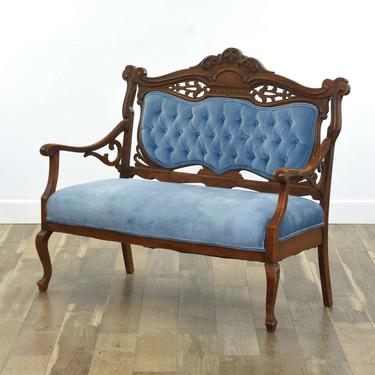 Carved Antique Victorian Tufted Blue Velour Settee