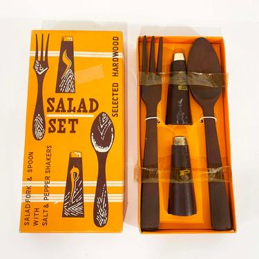 True Vintage Two Piece Salad Set 1960s 60s Salt and Pepper Shakers Fork Spoon MCM Mad Men Retro Gift Wood Handles Japan Tools New in Box NIB 