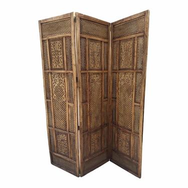 Indo Asian Boho Chic Carved Room Divider Folding Screen