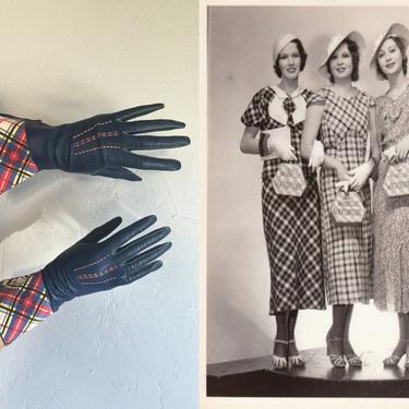 Hollywood Stand Ins - Vintage 1930s Navy Blue Kid Leather Gauntlet Gloves w/Plaid Gauntlet - 5.5/6 