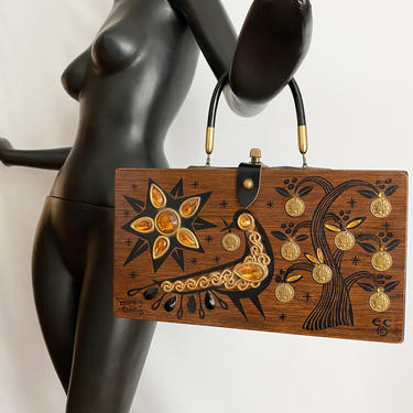 Vintage 60s Enid Collins Original Box Purse Peacock Money Tree • 1964 Box Bag Wooden Handbag • Embellished Wood • MOD Hippie Boho Rockabilly 