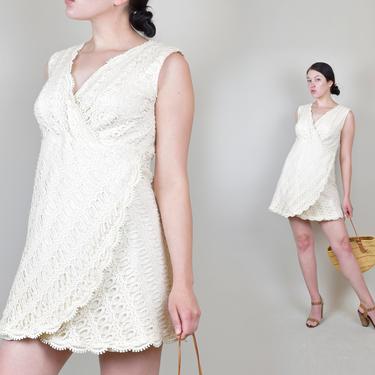 1960's Ivory Crochet Lace Mini Dress | 1960s Joseph Magnin Mini Dress | 60's Crochet Lace Mini Dress 