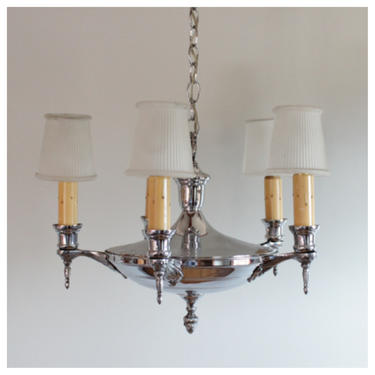 A2979 Antique Circa 1920's Chrome 5 Candle Hanging Ceiling Light Chandelier with pleated frosted glass clip on shades 