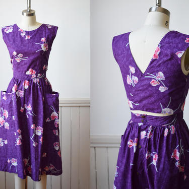 Vintage Wrap Back Batik Cotton Sundress | 1980s/1990s Purple Floral Batik Dress | With Pockets | XS 