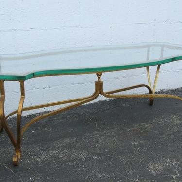 Hollywood Regency Metal Gold Leaf finish Glass Top Coffee Table 2693