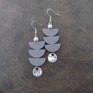 Gray wooden earrings, geometric earrings, mid century modern earrings, ethnic earrings, bold statement earrings, unique pagoda earrings 