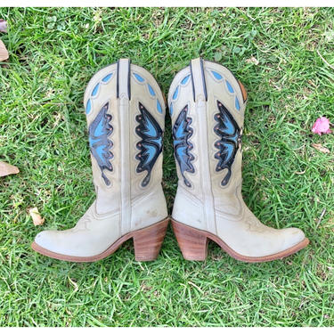 RARE Vintage 1970s 70s Miss Capezio Butterfly Cutout Patchwork Western Cowgirl Boots /SZ 8 M/ Boho Hippie Folk Festival Stacked Heel cowboy 
