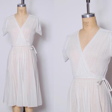 Sheer shimmery white disco dress / pleated secretary dress / silver shimmer stripe belted dress / vintage 80s sheer stripe dress 