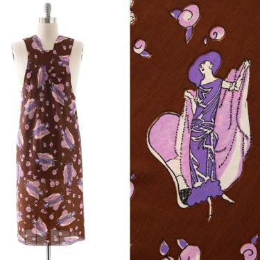Vintage 1970s Dress | 70s Novelty Print Art Deco Lady Brown Jersey Sleeveless Midi Shift Dress (medium/large) 
