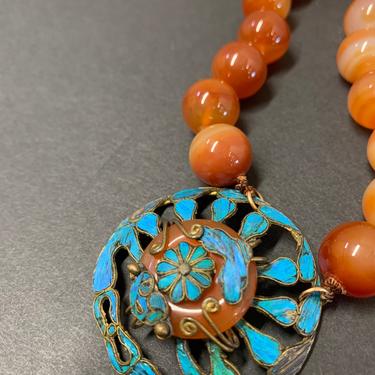 Antique Carnelian Beaded Necklace with Kingfisher Feather and Brass Pendant 