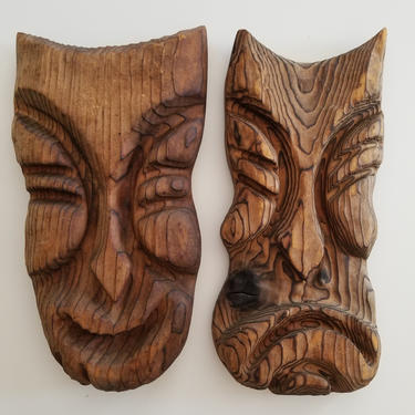 Pair of Vintage Witco Era TIKI Happy Sad Wood Carved Wall Art by TheModAndPopShop