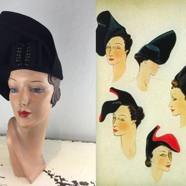 Standing Ovations - Vintage 1930s Massive Black Wool Felt Standing Cloche Peaked Hat w/Black Grommets 