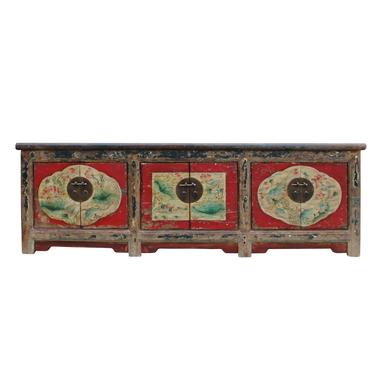 Chinese Distressed Red Flower Graphic TV Console Credenza Cabinet cs4902S