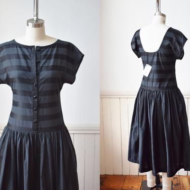 Vintage 1980s Geoffrey Beene Striped Weave Dress | XS | 80s Black Cotton Frock with Dropped Waist, Scooped Back, Pockets  | Designer 