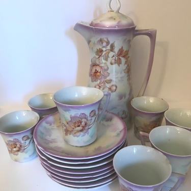 Antique Hand Painted Celebrate Chocolate Pot-and Tea Cups- Lilac Floral- Germany 