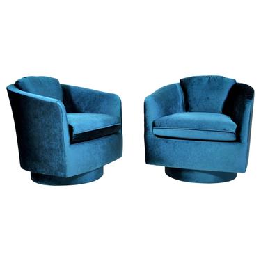Pair of Mid-Century Blue Velvet Milo Baughman Style Swivel Chairs 