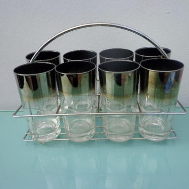 9PC Dorothy Thorpe Cocktail Set Barware Glassware Glass Collectible Mid Century Modern Drinks Bar Vintage Serving Tray Roly Poly Ice Bucket 