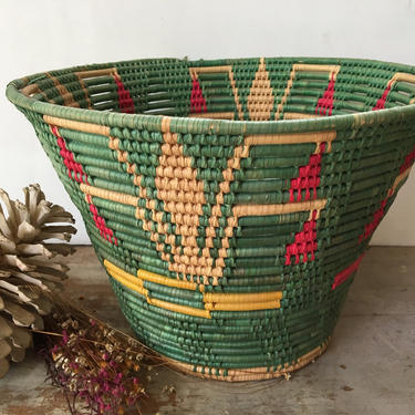 Vintage Coiled Basket, Large Green And Pink Basket, Ethnic Boho Patterned Basket, Tribal Basket Planter, Waste Basket 