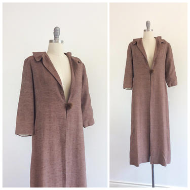 FINAL SALE /// 50s Brown Woven Cotton Duster Jacket / 1950s Vintage Fur Floor Length Coat / Large / Size 12 