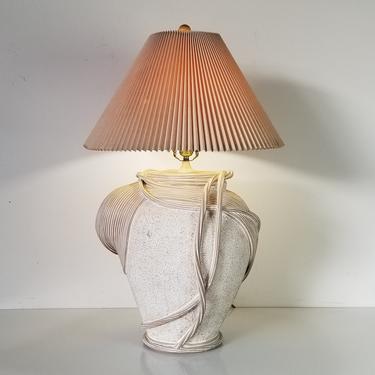 Vintage Brutalist Pottery and Rattan Sculptural Table Lamp 