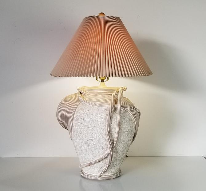 Vintage Brutalist Pottery and Rattan Sculptural Table Lamp by MIAMIVINTAGEDECOR