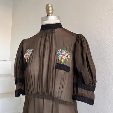 1930s Sheer Silk Chocolate Puffy Sleeves Embroidery Dress Vintage Ethereal 38 Bust 