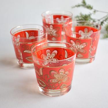 Swank Red/Gold Raised Pattern Juice Glasses | Vintage Libbey Glass Low Tumblers | Set 4 Culver-Style Barware Double Old Fashioned Glasses 