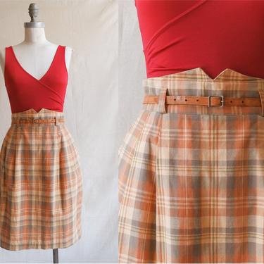 Vintage 90s Plaid Cotton Skirt with Pockets/ 1990s High Waisted Pointed Waist Pencil Skirt/ Size 27 