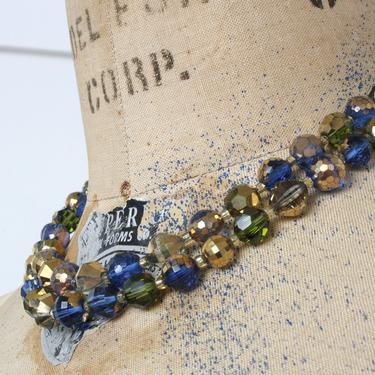 vintage 1950s blue gold & green necklace • Aurora Borealis frosted faceted glass double strand choker by Marvella 