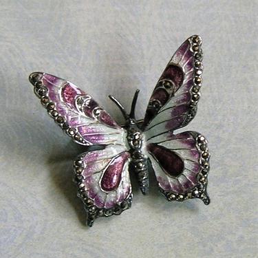 Vintage Sterling Enamel and Marcasite Butterfly Brooch Pin, Sterling Germany Butterfly Pin, Old Butterfly Brooch Pin (#3839) 