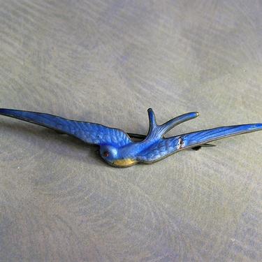 Antique Sterling Enamel Bird Pin, Old Blue Enamel Bird Pin, Blue Bird of Happiness Pin, Sterling Enamel Bird Pin  (#3884) 