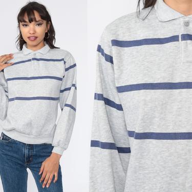 Polo Sweatshirt Grey Striped Sweatshirt Sports 80s Shirt Pullover Grunge Button Up Jumper 90s Vintage Sportswear Small 
