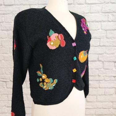 Vintage Navy Cardigan Sweater with Fruit Embroidery // Jewel Buttons 80s Cottagecore 